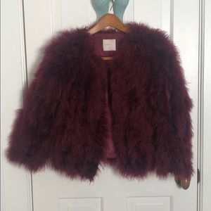 Line & Dot Red Burgundy Marabou Feather Jacket